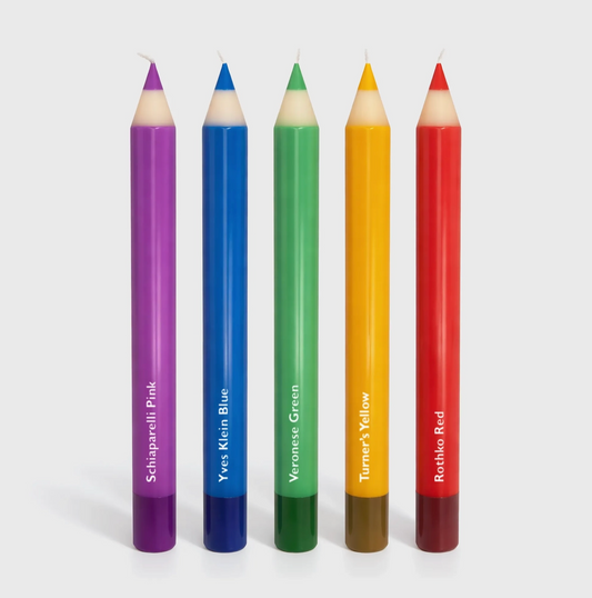 Five colorful pencil candles  with labels on a white background