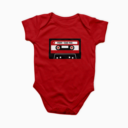 Red baby onesie with a cassette tape design on a white background