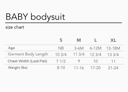 Baby bodysuit size chart with measurements for different age groups and garment dimensions.
