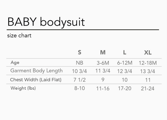 Baby bodysuit size chart with measurements for different age groups and garment dimensions.