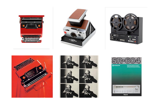 Collage of vintage electronic devices including a typewriter, camera, and reel-to-reel tape recorder.