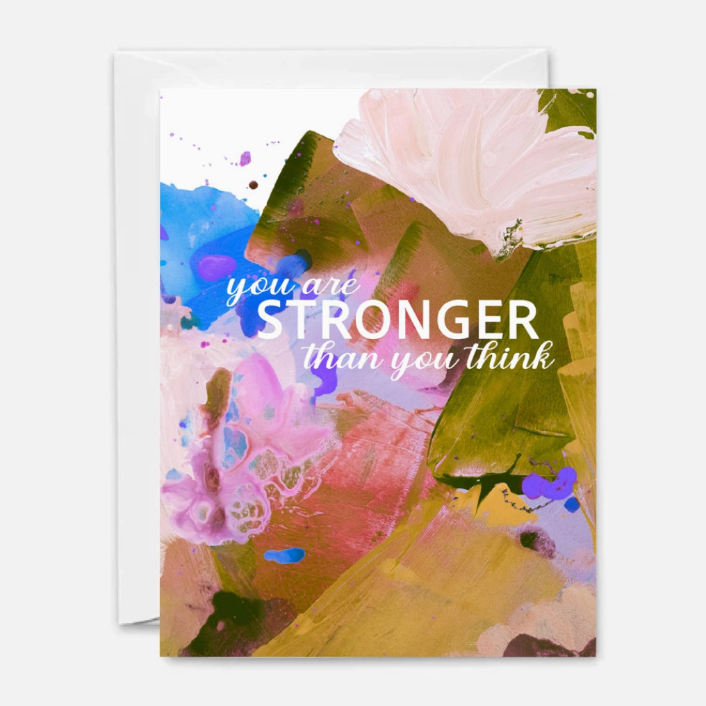 Motivational notecard with abstract design and 'you are stronger than you think' text on a white background