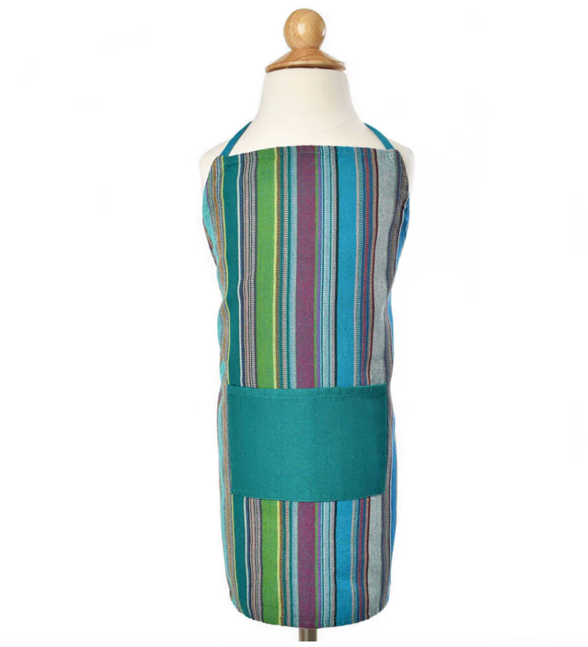 Striped child apron on a mannequin against a white background
