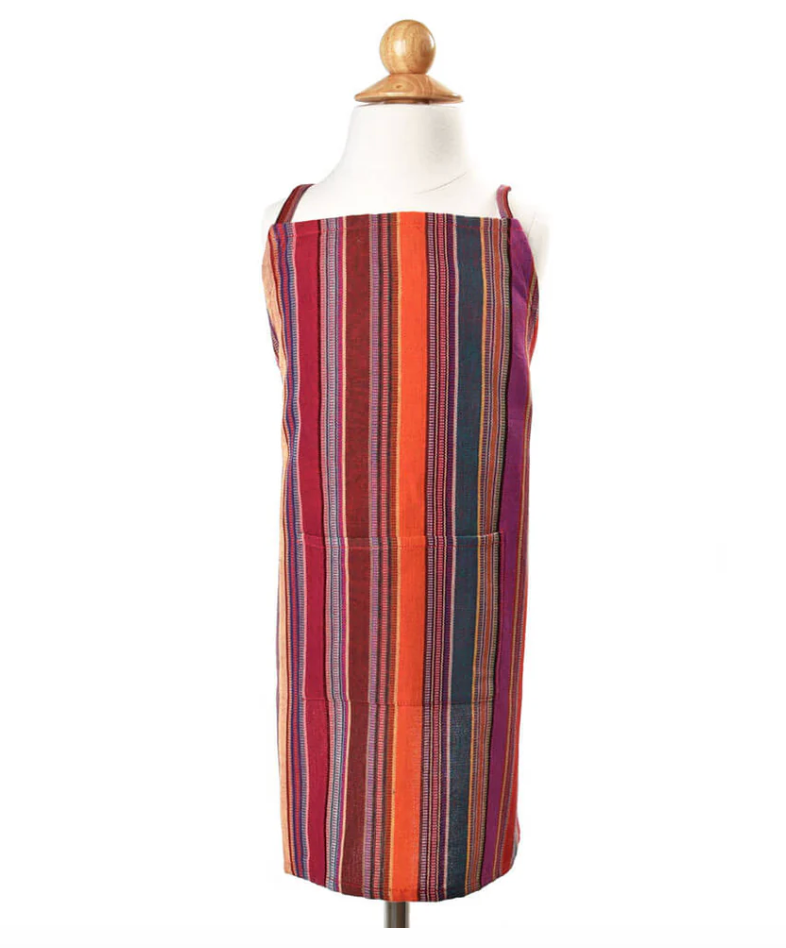 Striped child apron on a mannequin against a white background