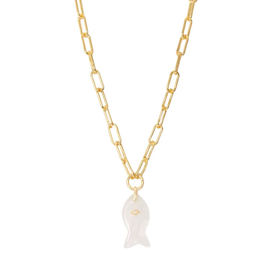 Gold chain necklace with a white fish pendant on a white background