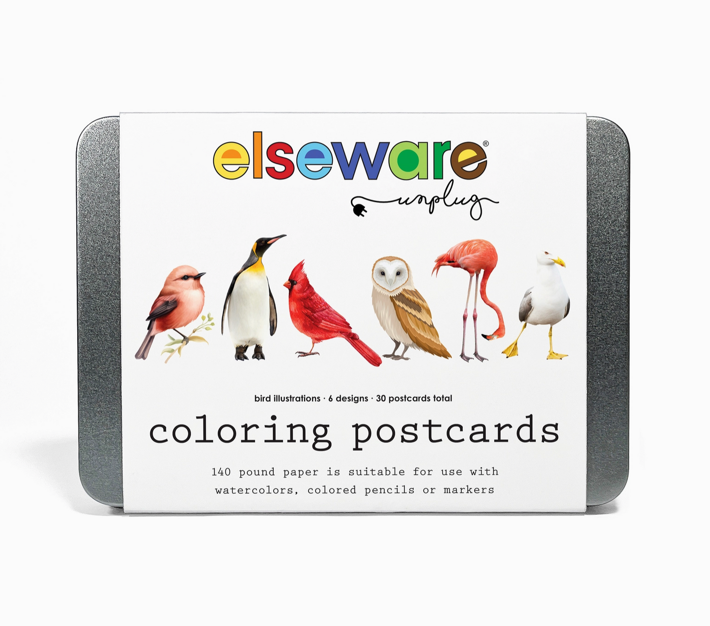 Pack of coloring postcards with bird illustrations by elseware, featuring a tin box on a white background.