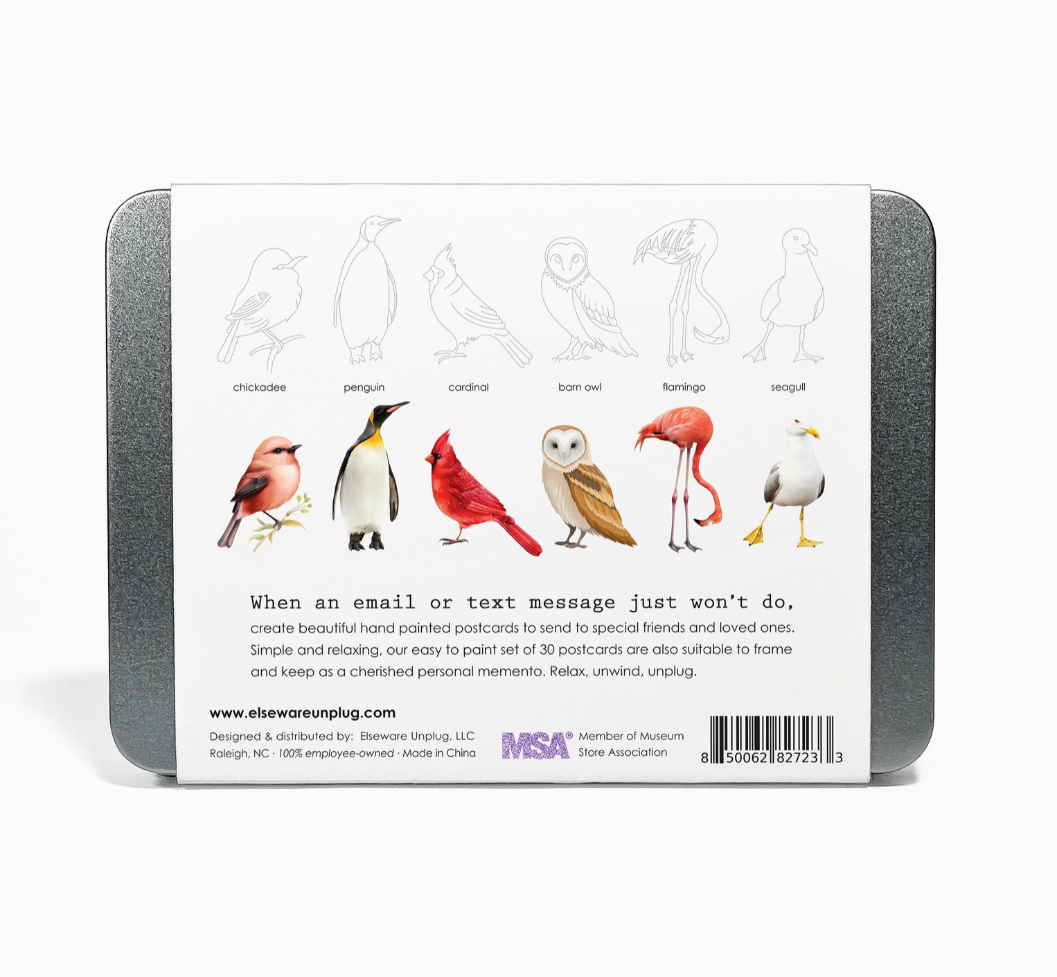 Back of a metal tin packaging with illustrations of birds and text on a white background