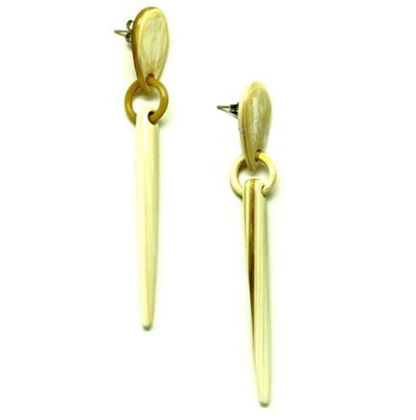 Natural horn earrings with a vertical bar design on a white background