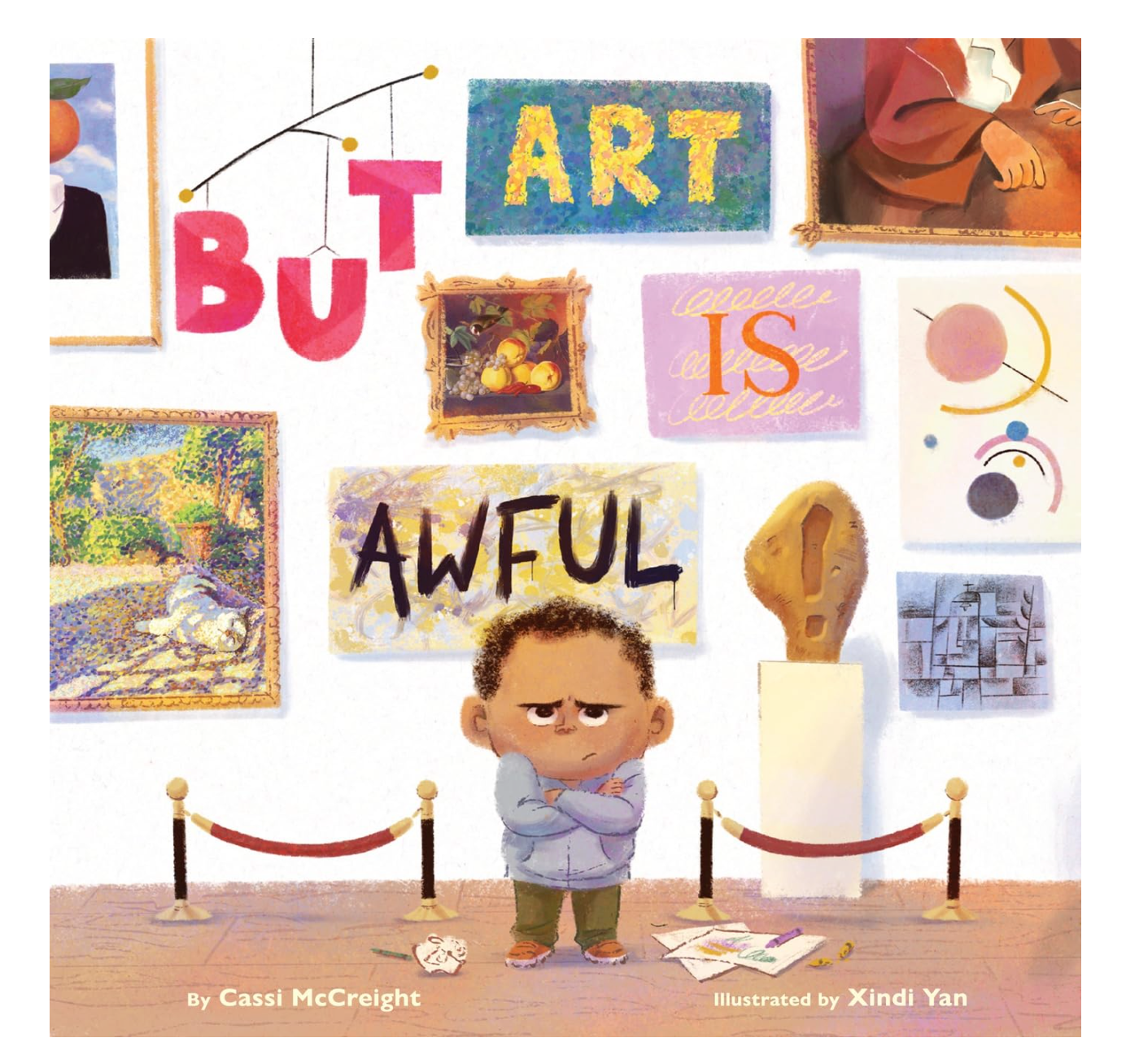 Book cover with artwork and text, featuring a child in front of a wall of paintings.