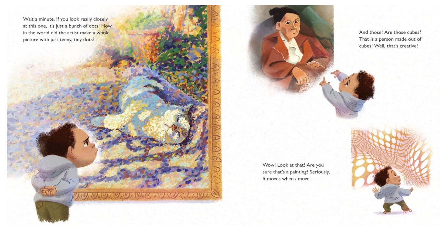 Illustrated book pages with a child looking at a painting of a cat, and two children talking.