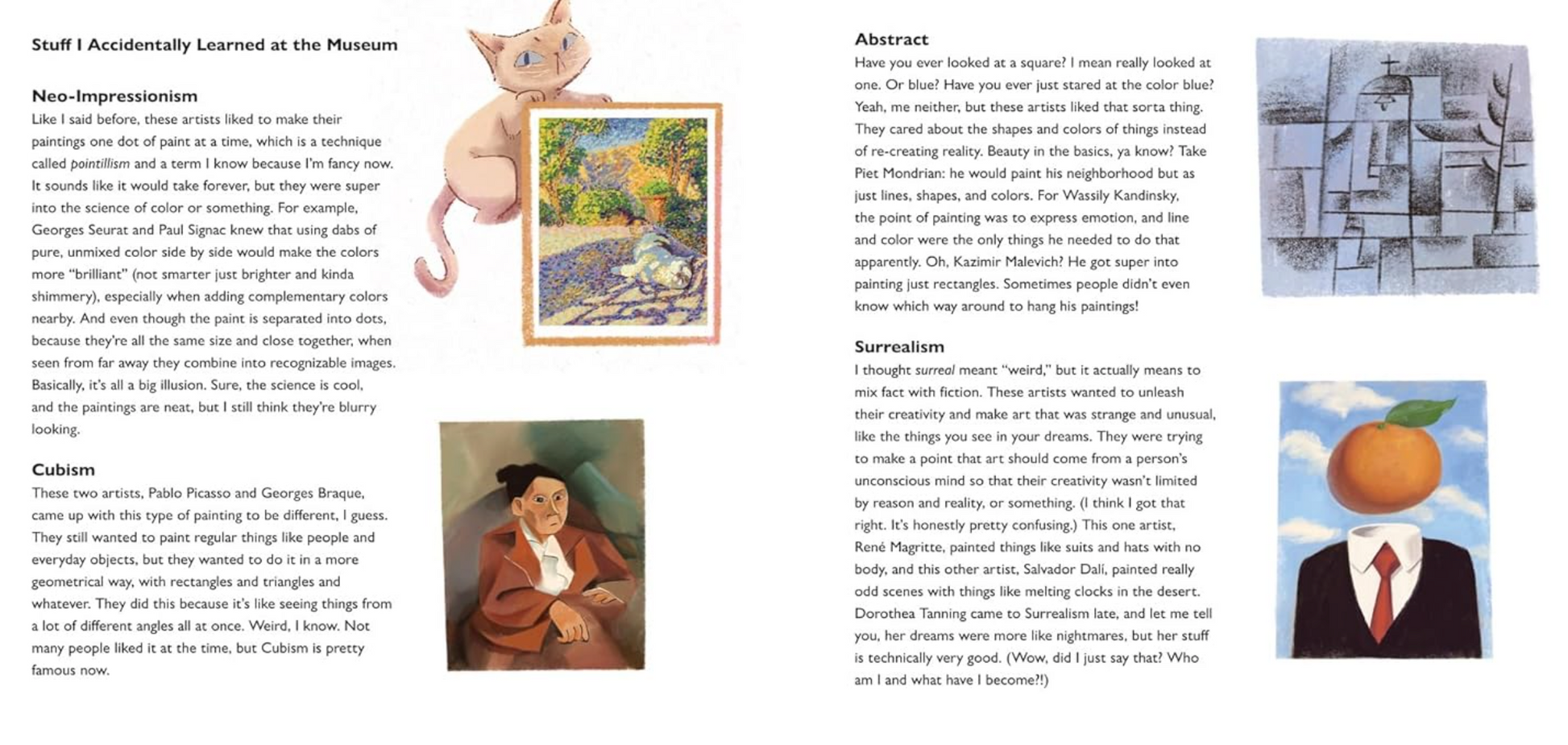 Page from a book with text and images of a cat, painting, and person in a suit.
