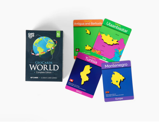 Collection of world map card games on a white background