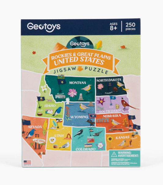 Geotoys jigsaw puzzle packaging for Rockies & Great Plains United States on a white background