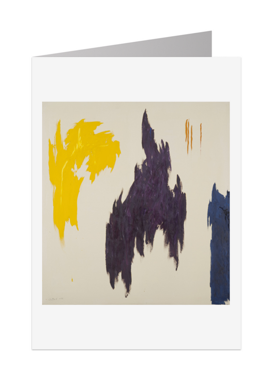 Abstract art card with yellow, purple, and blue abstract shapes on a beige background