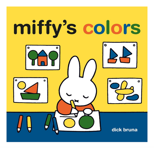 Front cover of the children's book 'miffy's colors' by Dick Bruna, featuring the character Miffy painting on a yellow and blue background with colorful title text and illustrations.