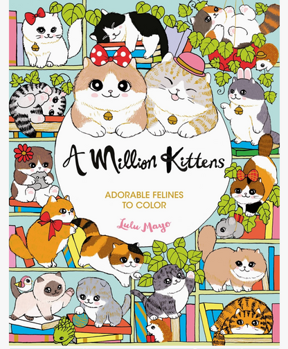 Front cover of the coloring book 'A Million Kittens: Adorable Felines to Color' by Lulu Mase, featuring a colorful cartoon illustration of many kittens on a bookshelf background.