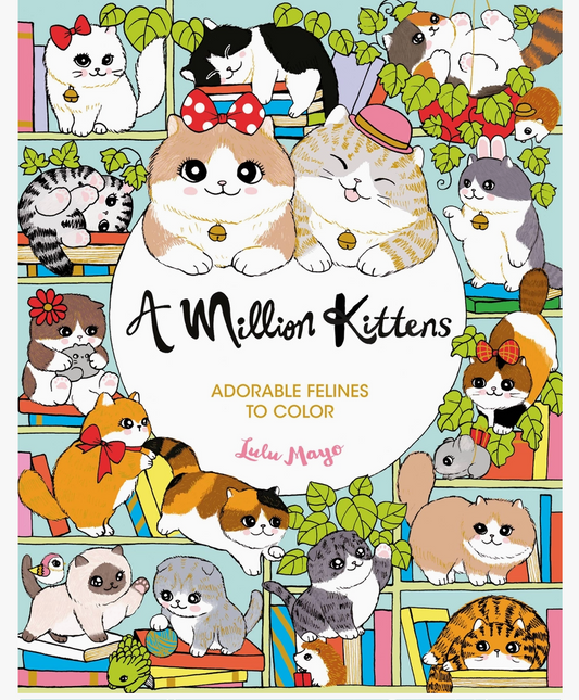 Front cover of the coloring book 'A Million Kittens: Adorable Felines to Color' by Lulu Mase, featuring a colorful cartoon illustration of many kittens on a bookshelf background.