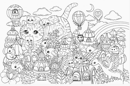 Black and white line art illustration featuring a whimsical cat-themed fantasy scene with a large cat, smaller cats, hot air balloons, clouds, a crescent moon, rainbow, and tiny houses.