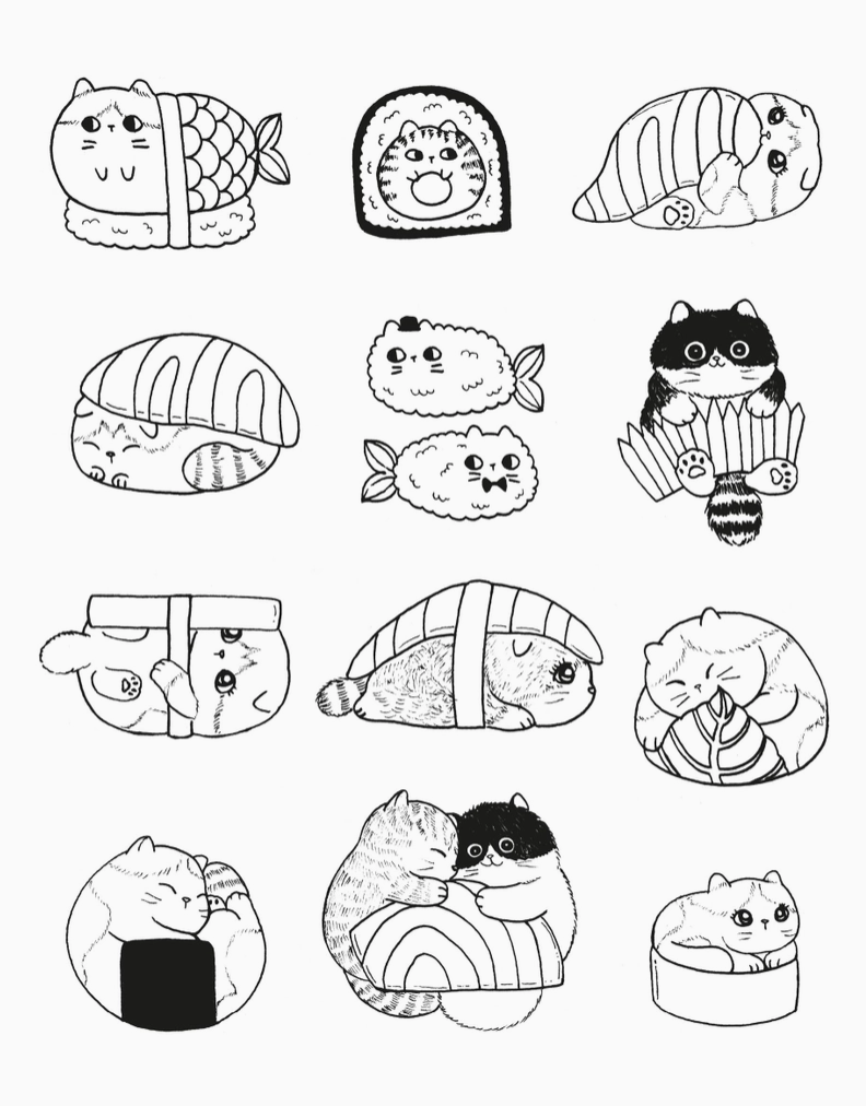 A sheet of black and white line art illustrations featuring cute cartoon cats styled as sushi, rice balls, and fish, arranged in a grid on a plain white background.