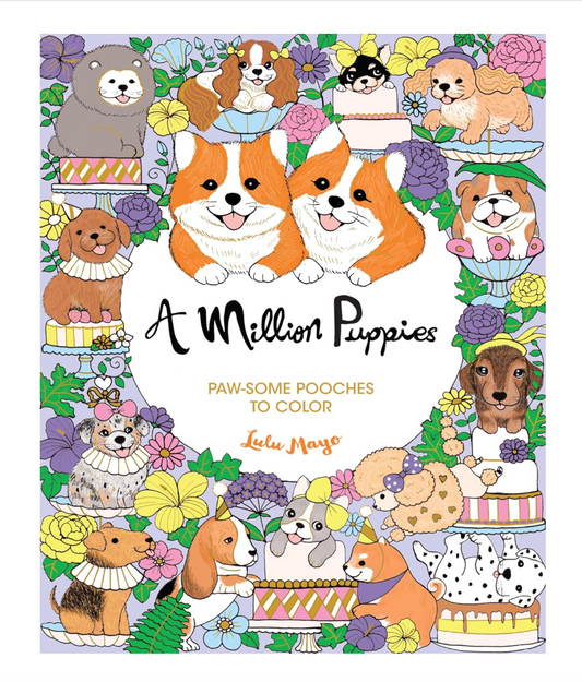 Front cover of the coloring book 'A Million Puppies' by Lulu Merga, featuring a white center with the title and surrounded by a colorful border of illustrated dogs in various breeds and poses.