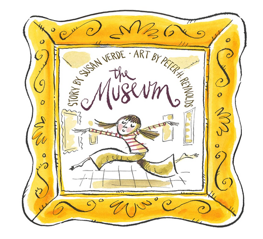 Children's book cover for 'The Museum' by Susan Verde, featuring a whimsical hand-drawn illustration of a girl jumping excitedly inside a museum, framed by an ornate yellow border.