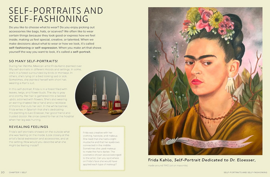 A book spread page with text about Frida Kahlo and self-portraits, featuring a painted portrait of Frida Kahlo on the right and product photos and article text on the left.