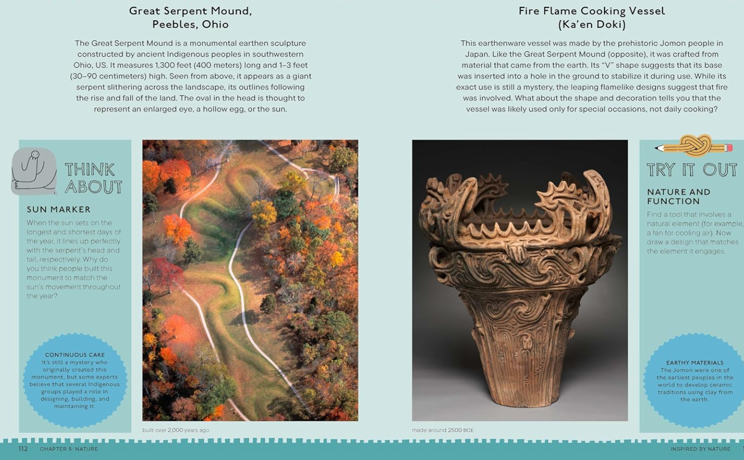 A book page featuring two main product images side-by-side with descriptive text. The left image shows a colorful earth-toned map labeled 'Great Serpent Mound, Peebles, Ohio' with text about it being a prehistoric earthwork sculpture.