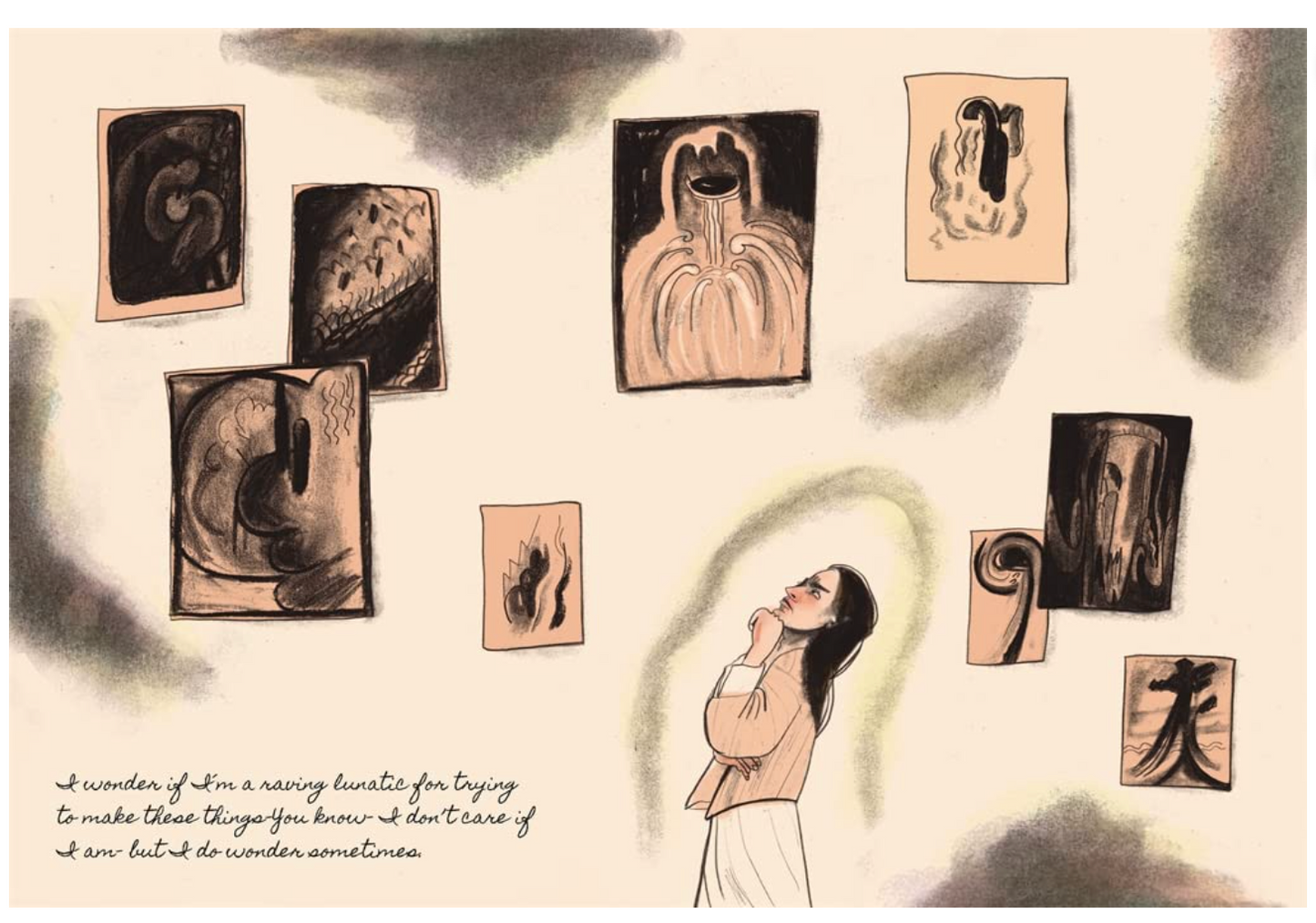 An illustrated scene showing a woman standing beneath several abstract framed artworks on a wall. The artwork uses muted beige, black, gray, and brown tones, with a handwritten quote in the lower left corner.