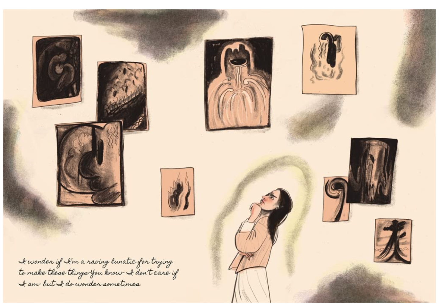 An illustrated scene showing a woman standing beneath several abstract framed artworks on a wall. The artwork uses muted beige, black, gray, and brown tones, with a handwritten quote in the lower left corner.