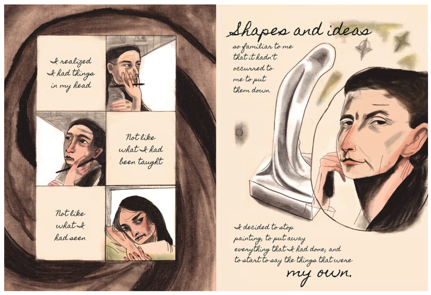 An illustrated open book or booklet spread with two cream-colored pages. The left page shows a dark brown circular frame around four small portrait panels with handwritten text.