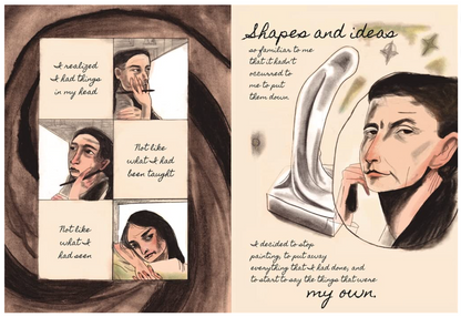 An illustrated open book or booklet spread with two cream-colored pages. The left page shows a dark brown circular frame around four small portrait panels with handwritten text.