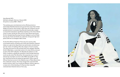A printed book page showing a portrait of Michelle Obama in a black-and-white patterned dress on the right, with text and a small dress photo on the left. This is not a clean product shot and functions more like an informational or editorial page, so subject_type is best classified as Other.