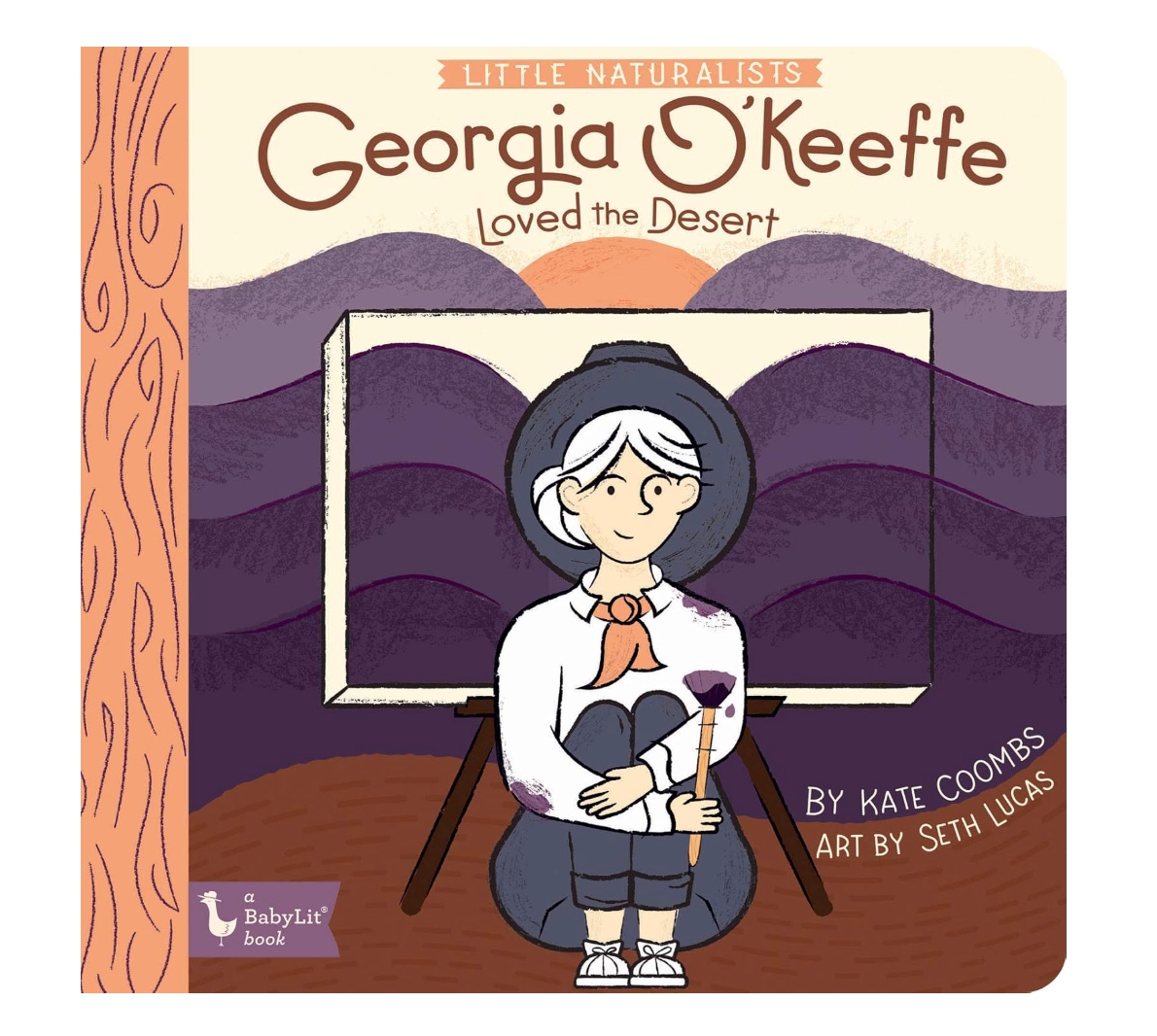 Front cover of the children's book 'Little Naturalists: Georgia O'Keefe Loved the Desert' by Kate Coombs and Seth Lucas, published by BabyList Book. The cover features a colorful illustration of a woman painting a desert landscape on an easel.