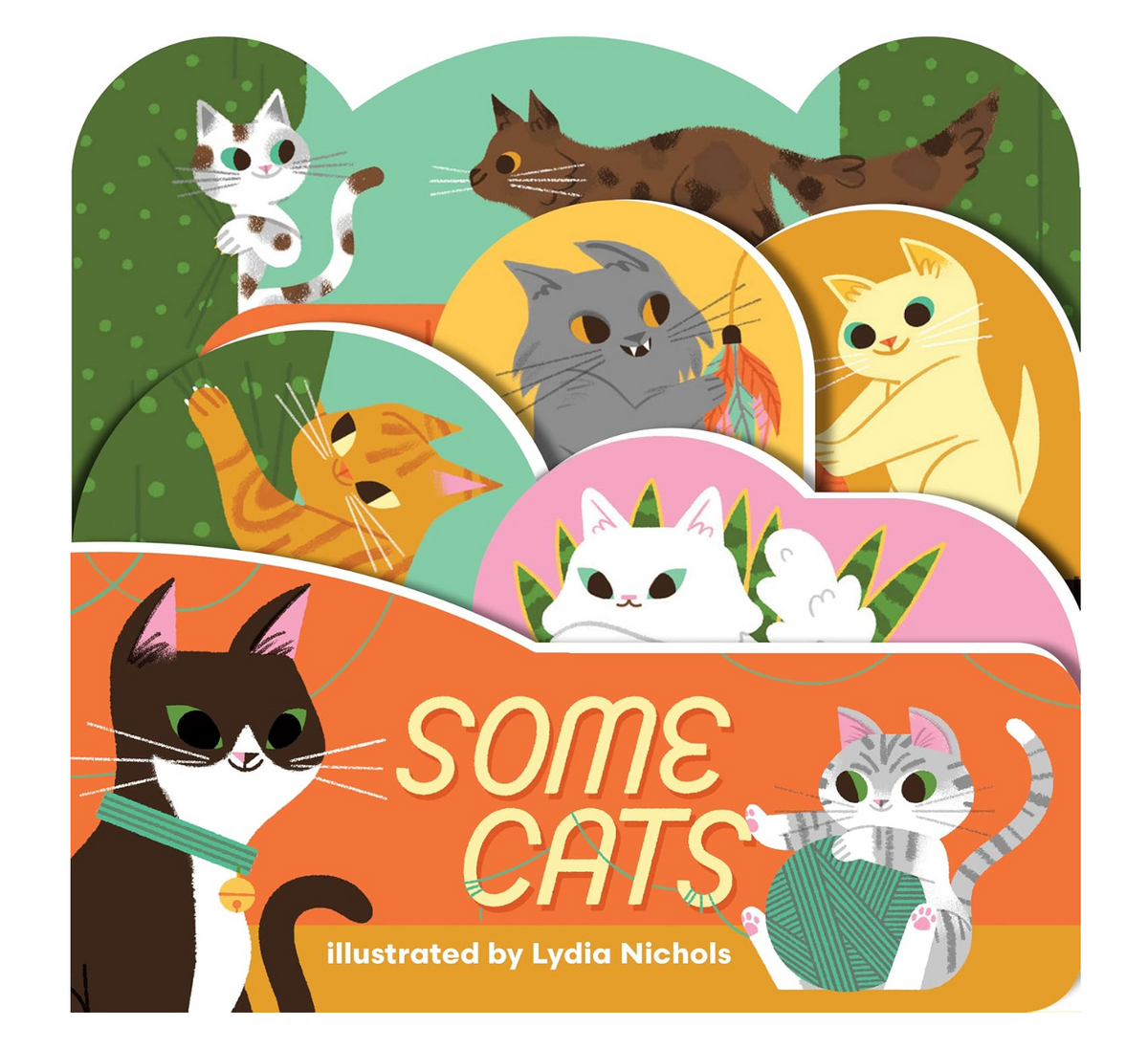 The front cover of the children's book 'Some Cats' by Lydia Nichols, featuring colorful cartoon illustrations of various cats in different poses and expressions on a bright orange background.