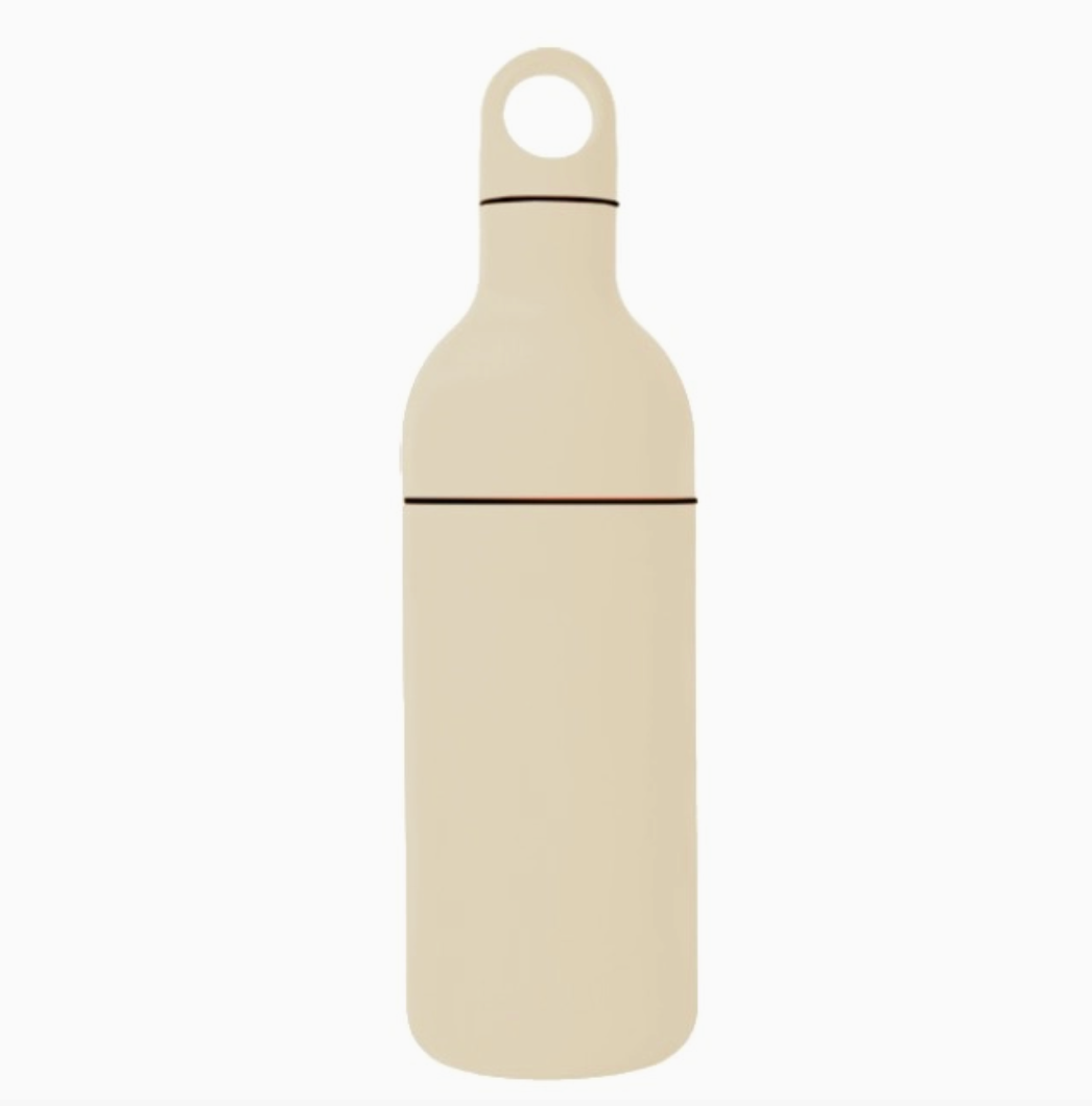 A minimalist, bottle-shaped water bottle in a matte cream color with two thin horizontal black lines, set against a plain white background.