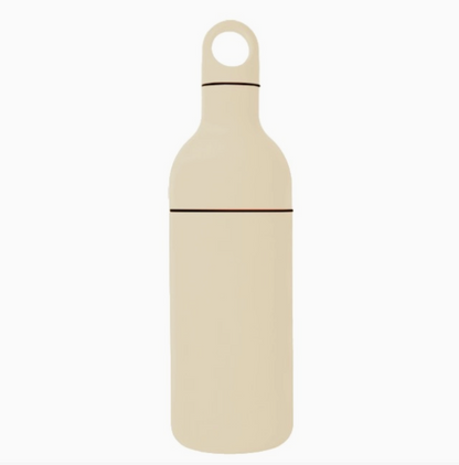 A minimalist, bottle-shaped water bottle in a matte cream color with two thin horizontal black lines, set against a plain white background.