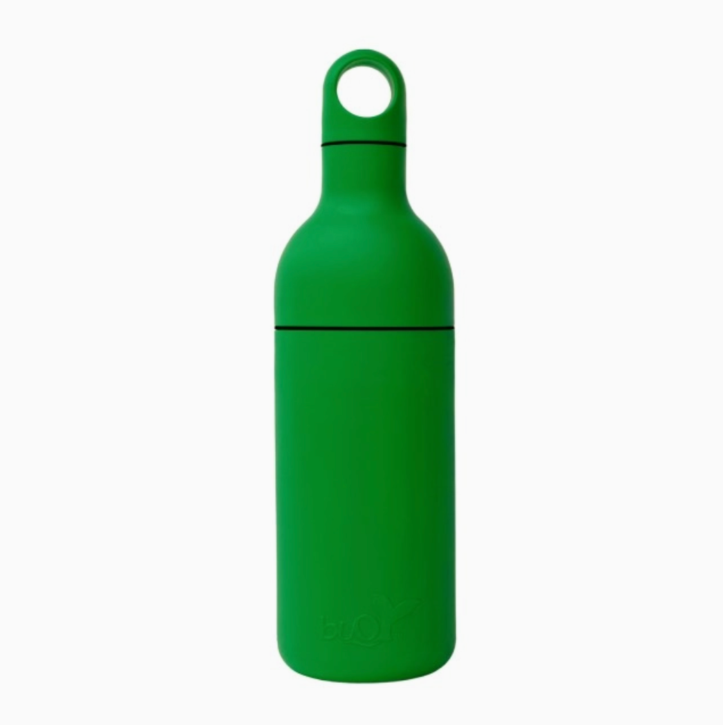 A bright green bottle with a matching loop cap, shown on a clean white background.