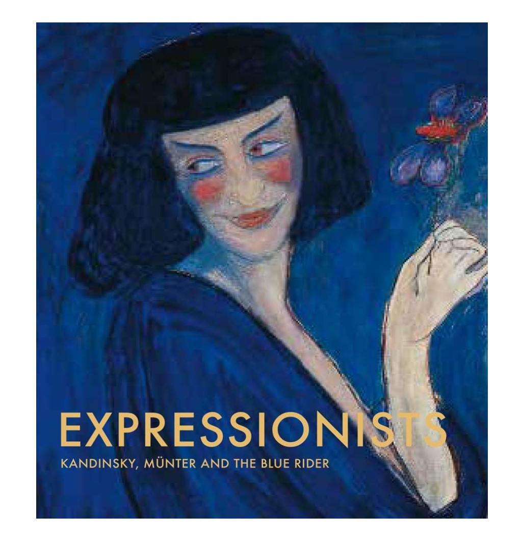 A book cover featuring an expressionist painting of a woman in dark blue tones holding a flower, with the title 'EXPRESSIONISTS' in large gold text and smaller subtitle text below.