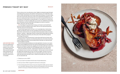 A printed recipe spread page titled 'FRENCH TOAST MY WAY' with extensive text on the left and a photo of prepared toast and a lobster on the right, likely showing a cookbook or recipe booklet interior.