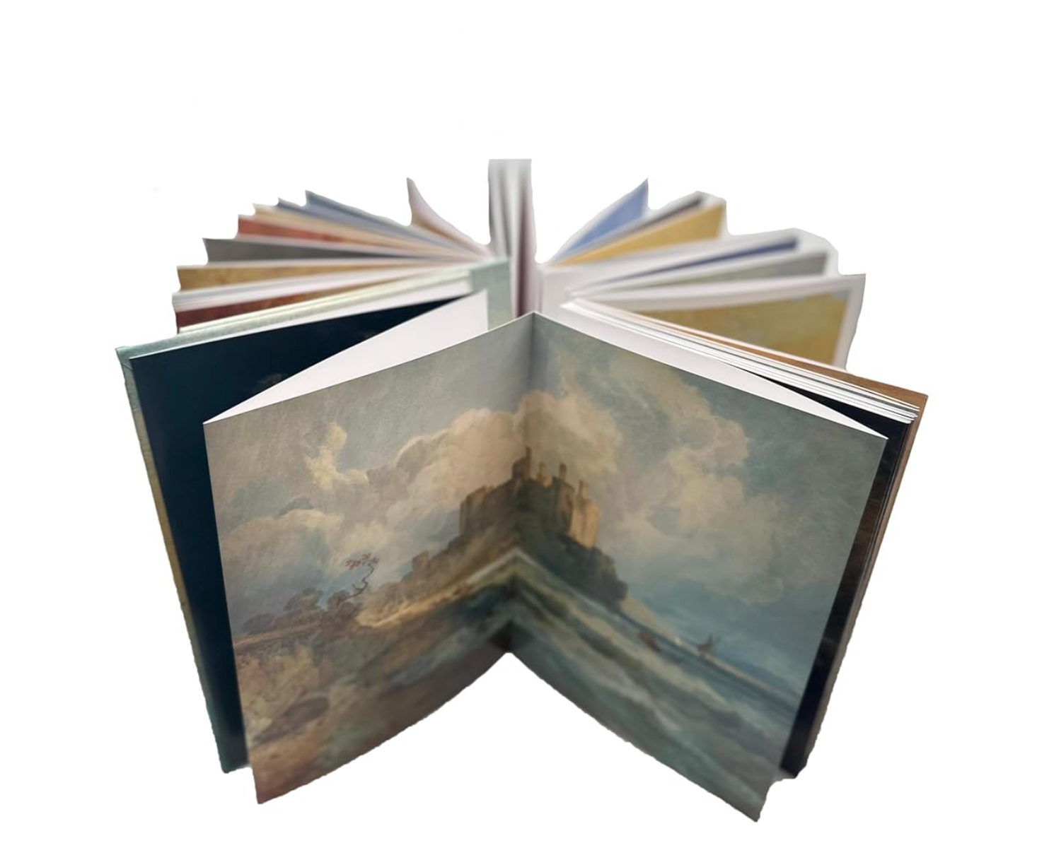 Open book with artistic illustrations on a white background.