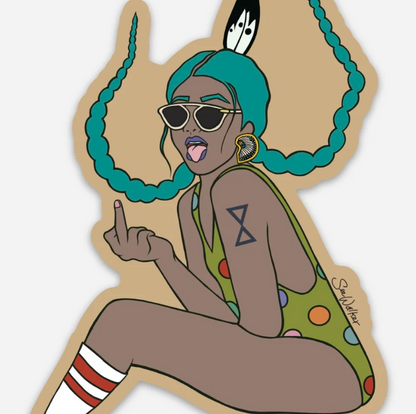 Sticker of a person with green hair wearing sunglasses