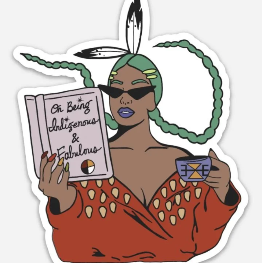 Sticker of a woman holding a book and a cup with green hair and sunglasses 