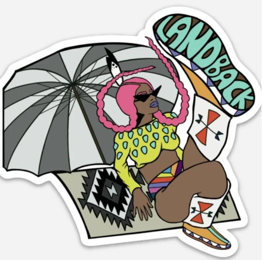 Sticker of a person with pink hair under an umbrella, with 'Landback' text