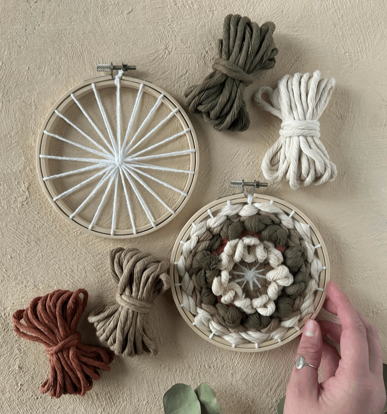 Embroidery hoops and yarn