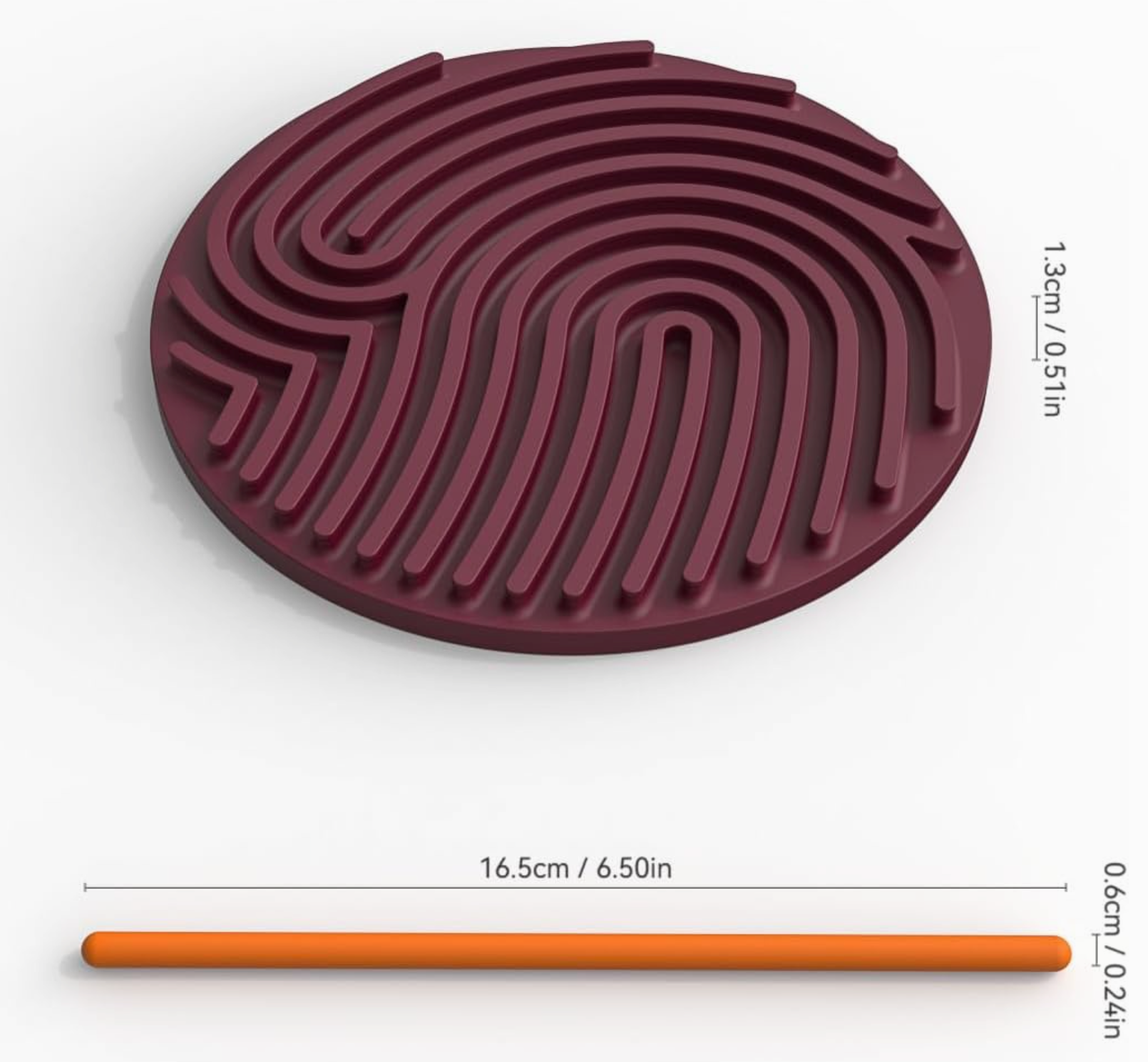 Round purple silicone mat with measurements on a white background.