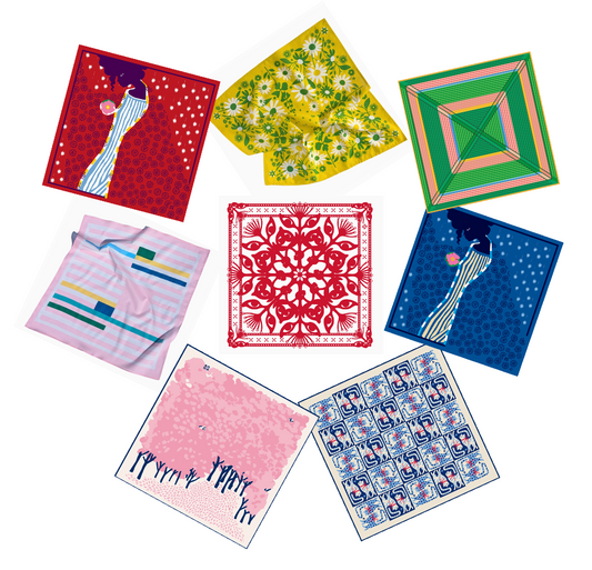 Collection of colorful patterned bandanas on a white background