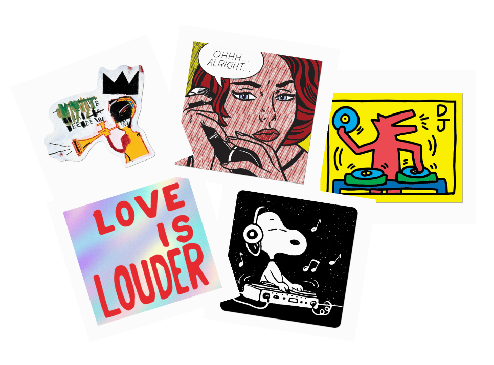 Collection of colorful stickers with various designs on a white background