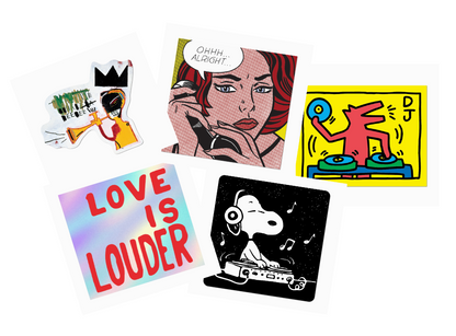Collection of colorful stickers with various designs on a white background