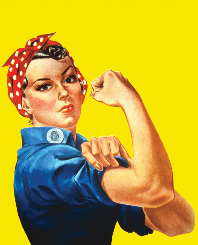Vintage-style illustration of a woman with a raised fist on a yellow background
