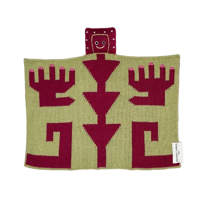 Knitted baby blanket with geometric pattern on a white background.